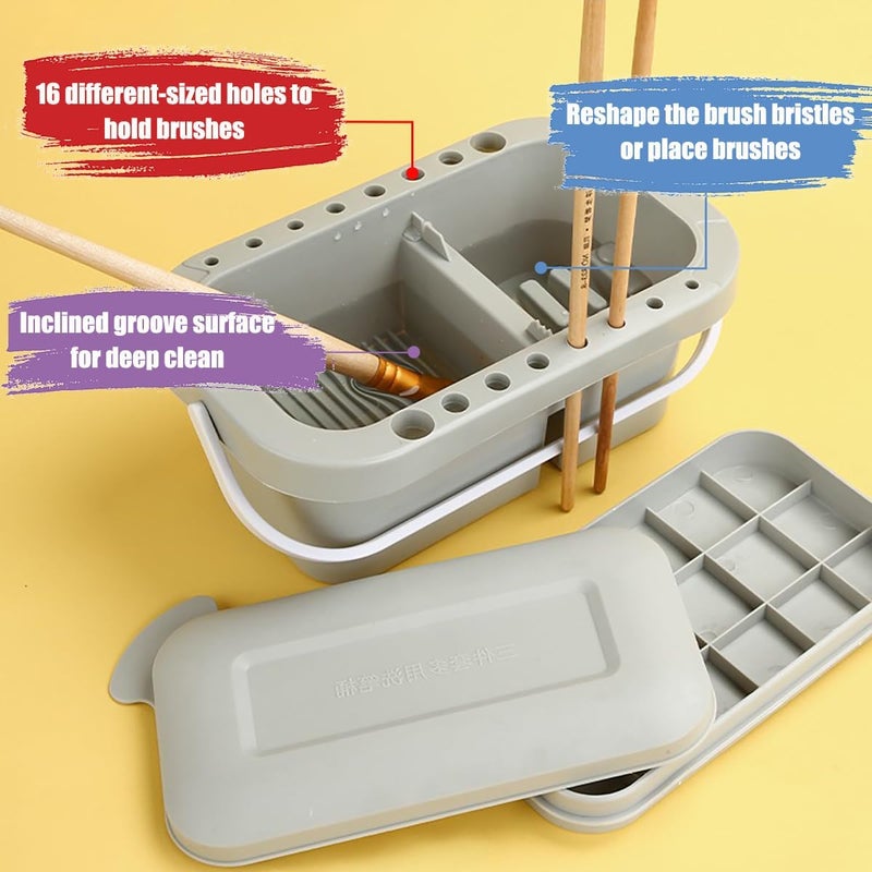 ZLY Paint Brush Cleaner Palett Basin with 10 PCS Paint Brushes,Paints Brush Holder and Organizers with Palette for Acrylic, for Watercolor and Water Based Paints (Gery) - Image 3